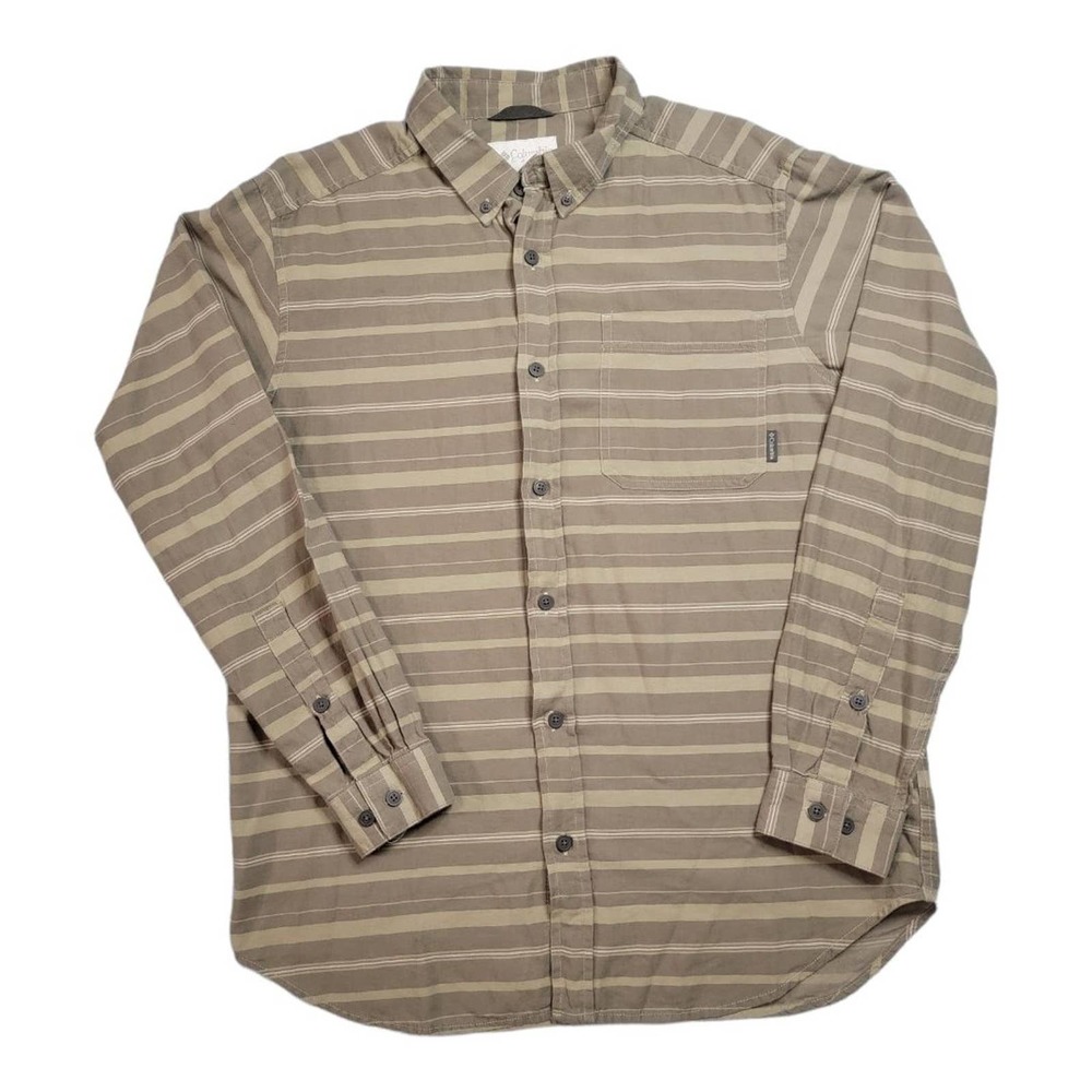 Columbia Mens Long Sleeve Striped Button Down Shirt Brown Tan Size Large Pocket